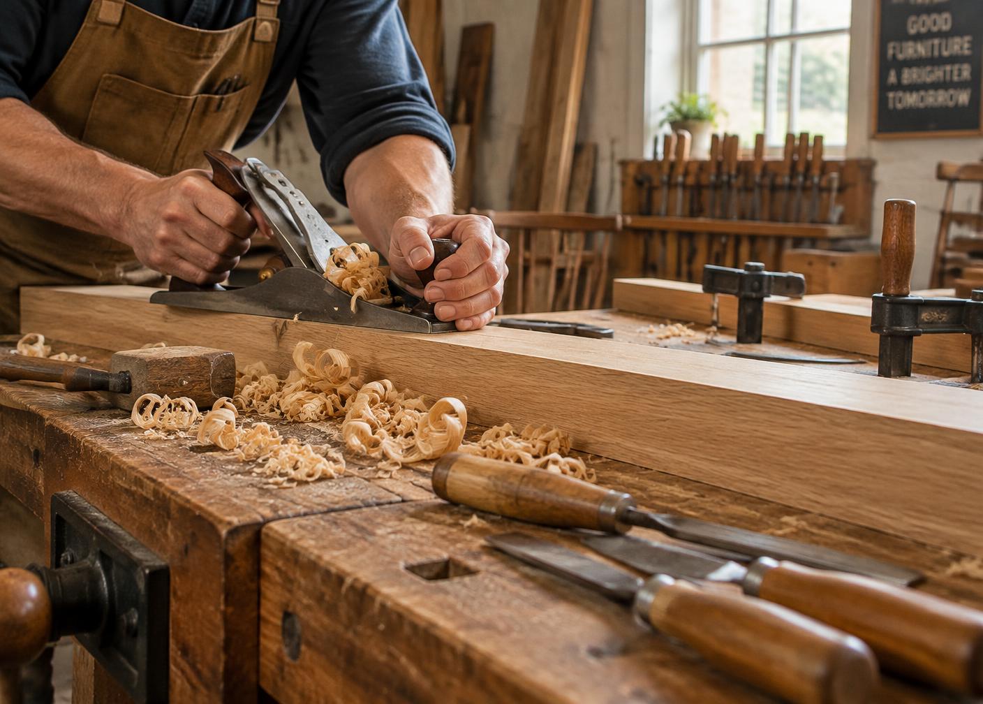 A woodworker planing an oak board at a workbench